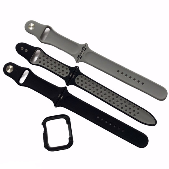 3 Silicone Sport Bands + Bumper Apple Watch 44/45mm M/L Black Gray NEW - Picture 6 of 10